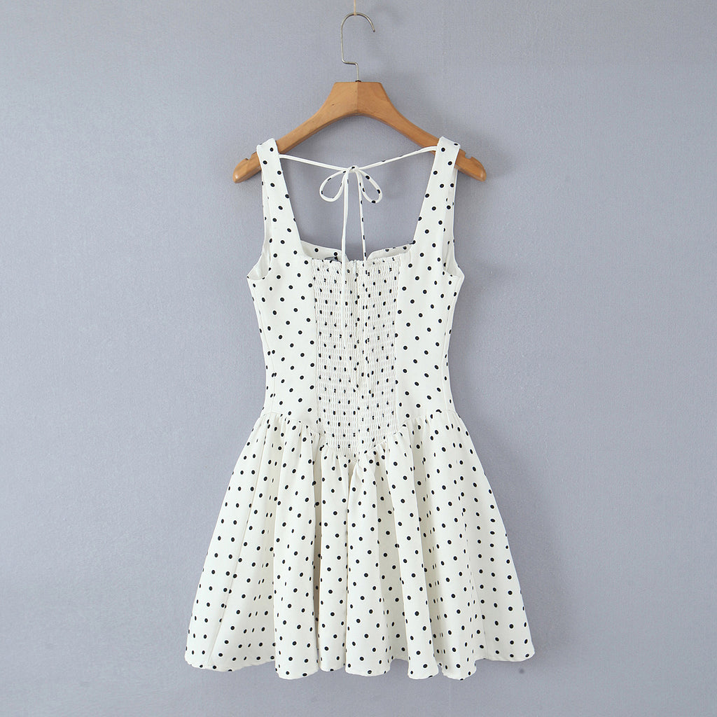 Women's Hepburn Tight Waist Back Elastic Smocking Polka Dot Tulle Tutu Dress