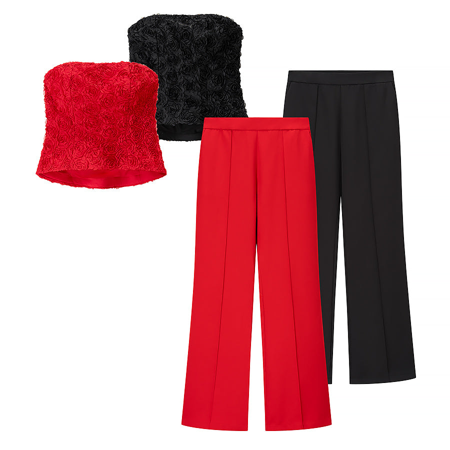 Women Clothing Autumn Simple Draping Design Tube Top Straight Leg Trousers Set