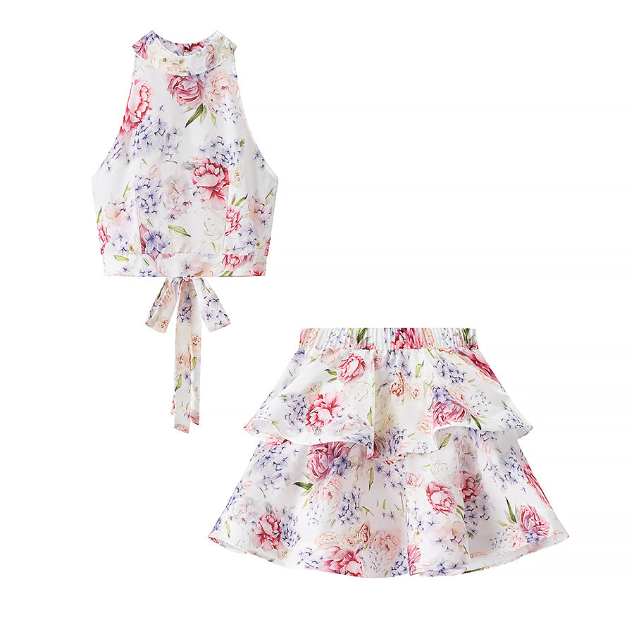 Women's Clothing Halter Sleeveless Short Top Short Floral Skirt Two Pieces