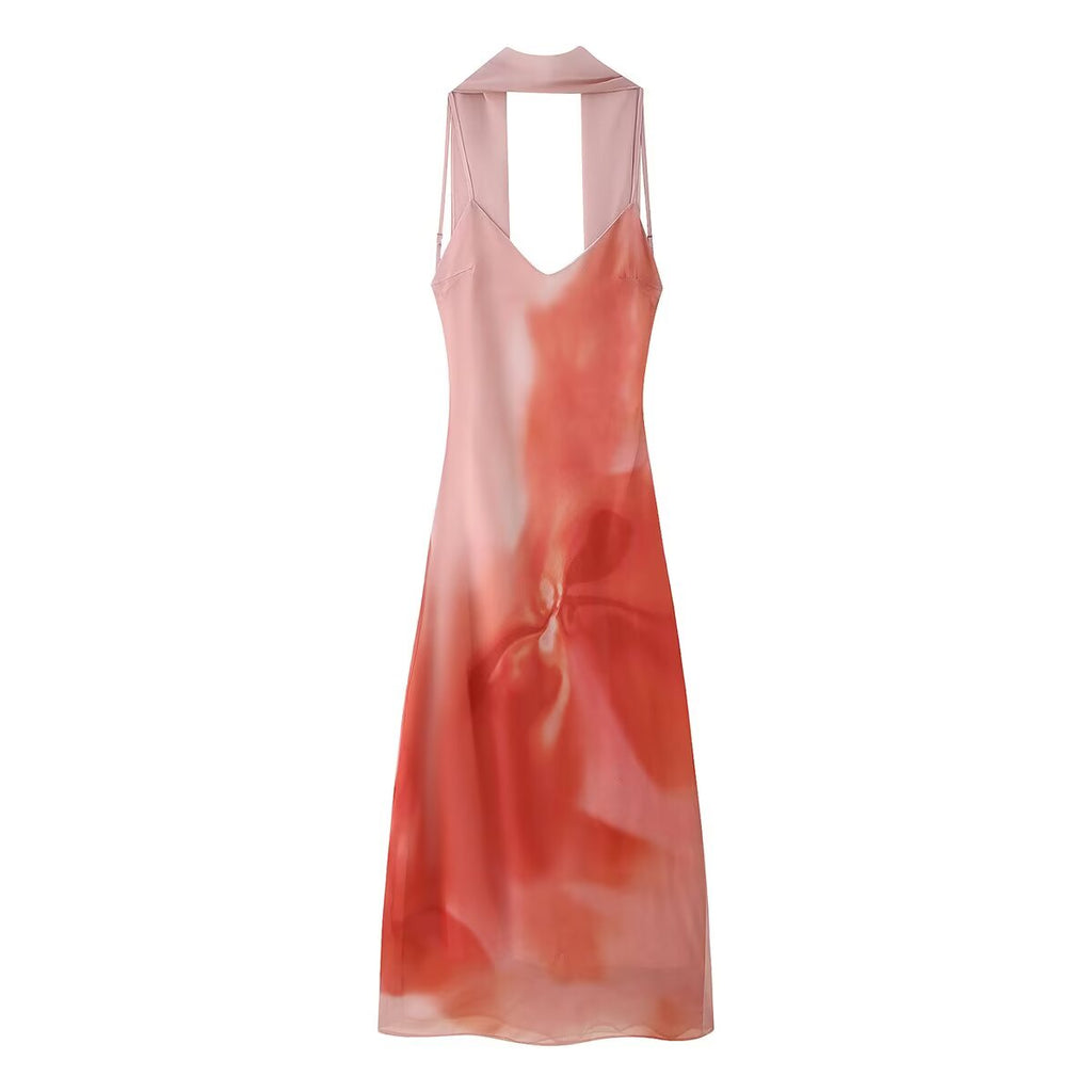 Women's Abstract Print Halter Backless Bodycon Maxi Dress