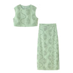 Women's Green Embroidered High-Waisted Top And Skirt Two-Piece Set