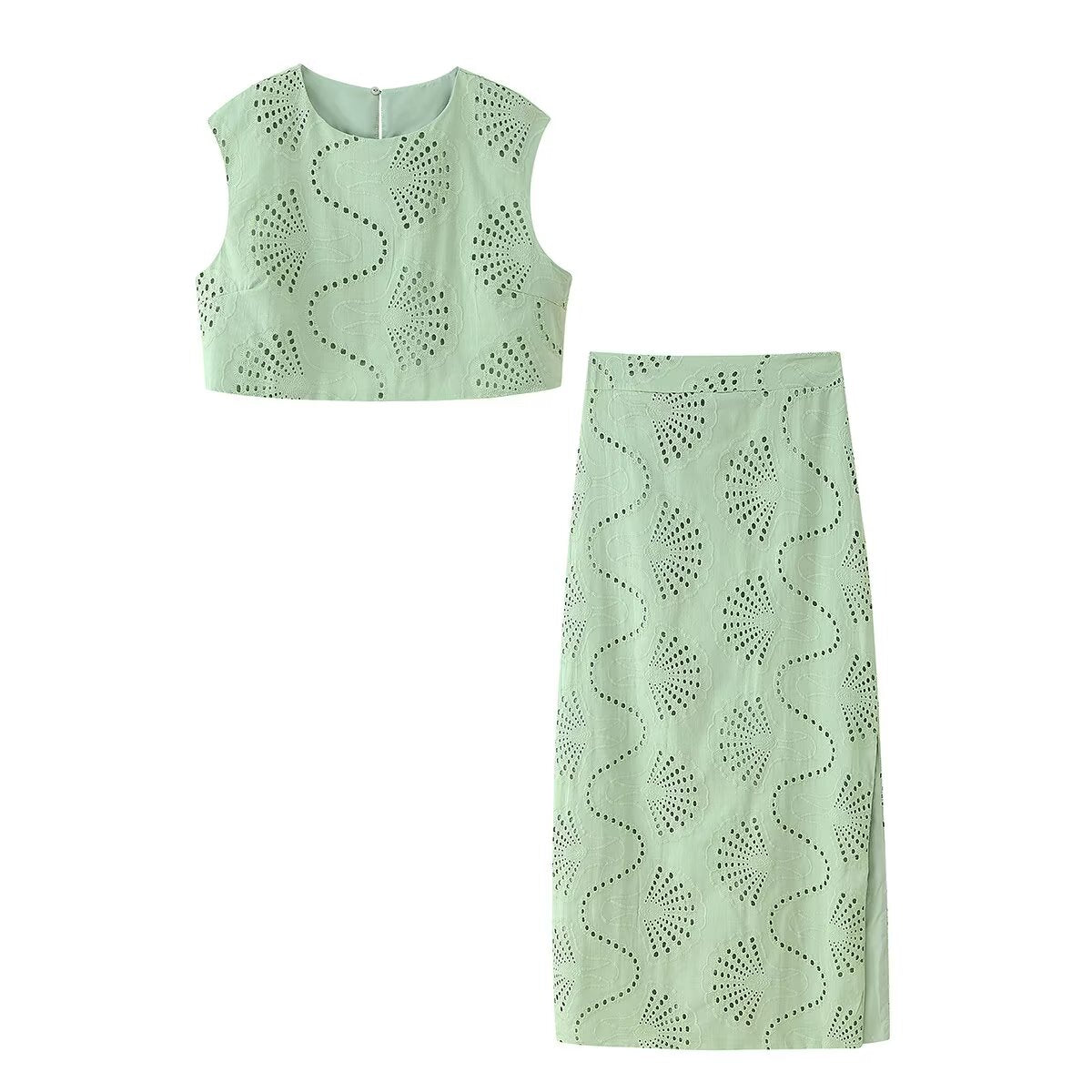 Women's Green Embroidered High-Waisted Top And Skirt Two-Piece Set