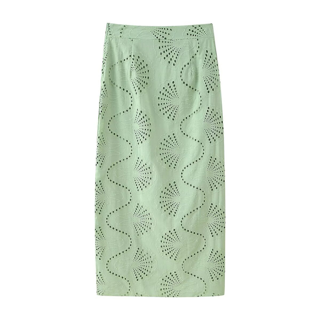 Women's Green Embroidered High-Waisted Top And Skirt Two-Piece Set