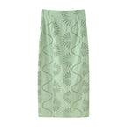 Women's Green Embroidered High-Waisted Top And Skirt Two-Piece Set