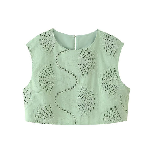 Women's Green Embroidered High-Waisted Top And Skirt Two-Piece Set