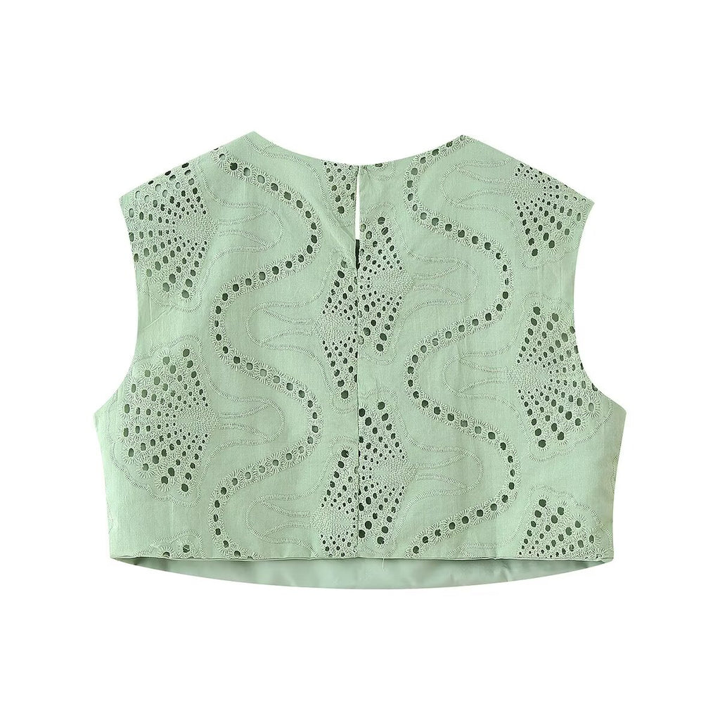 Women's Green Embroidered High-Waisted Top And Skirt Two-Piece Set