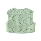 Women's Green Embroidered High-Waisted Top And Skirt Two-Piece Set