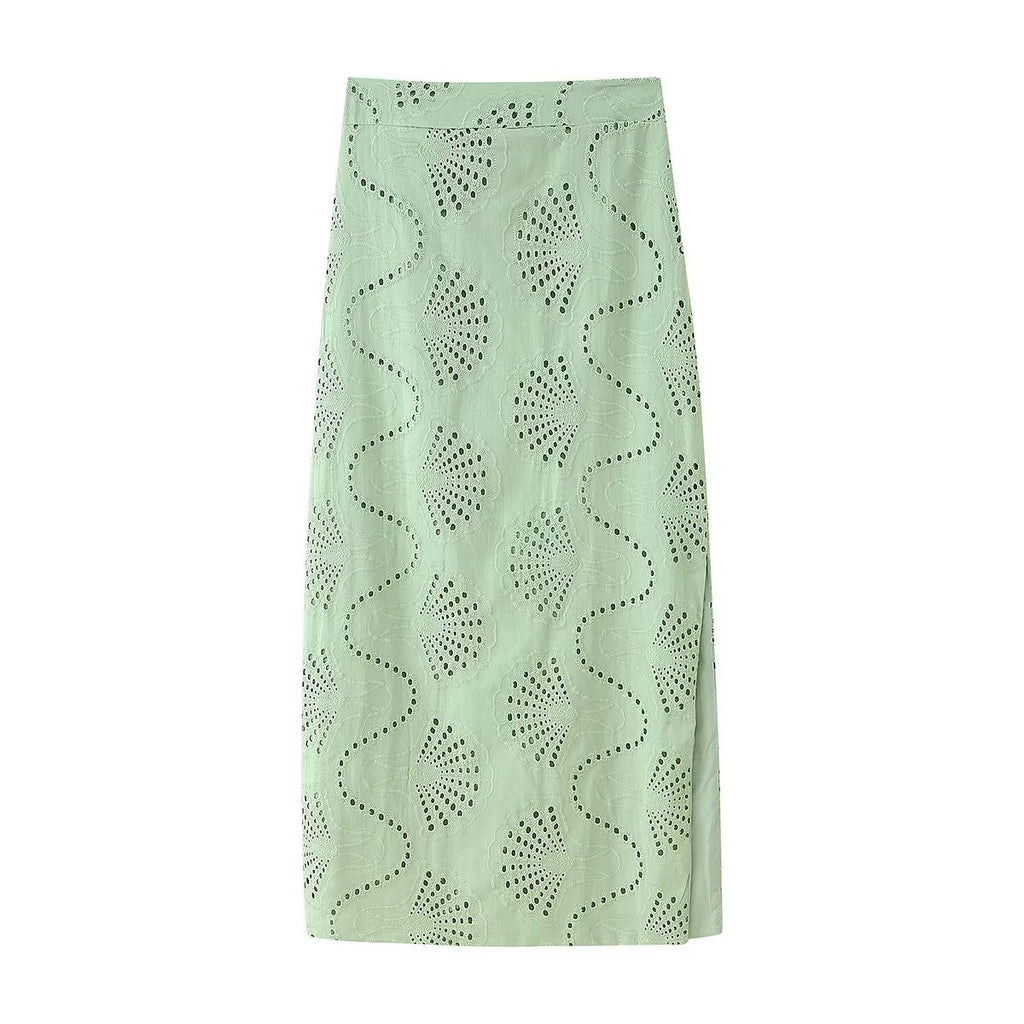 Women's Green Embroidered High-Waisted Top And Skirt Two-Piece Set