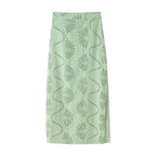 Women's Green Embroidered High-Waisted Top And Skirt Two-Piece Set