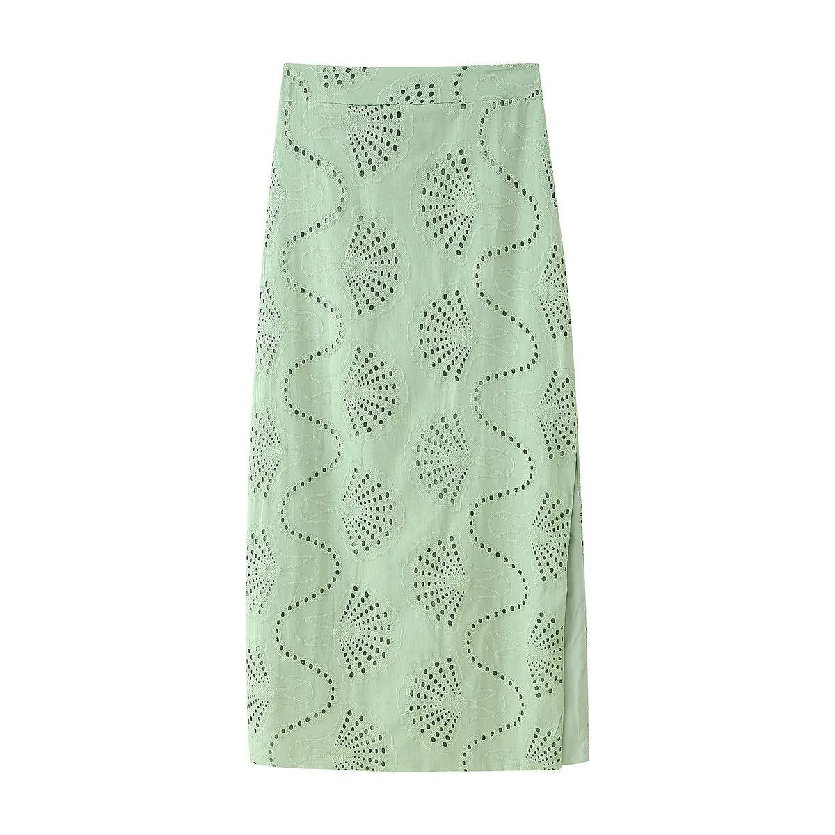 Women's Green Embroidered High-Waisted Top And Skirt Two-Piece Set