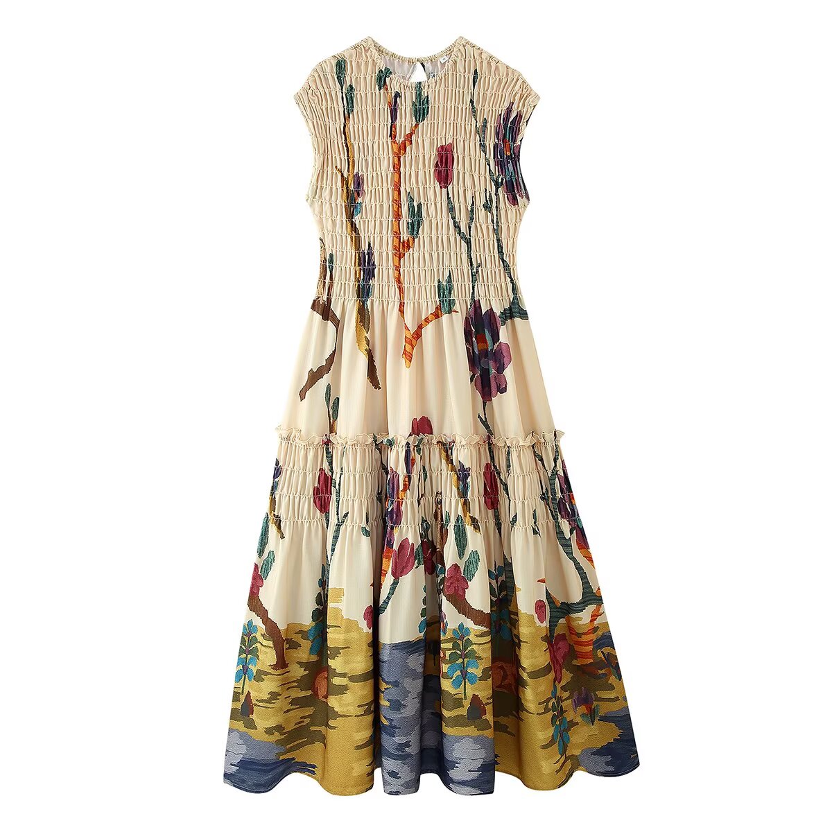 Women's French Elegant Retro Sleeveless Dress Summer Round Neck Printing Pleated Waist Dress Women