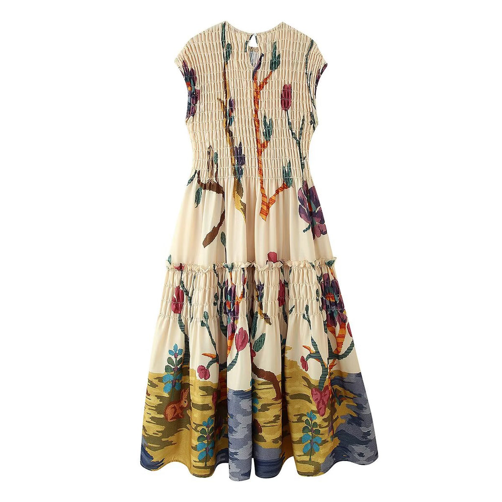 Women's French Elegant Retro Sleeveless Dress Summer Round Neck Printing Pleated Waist Dress Women