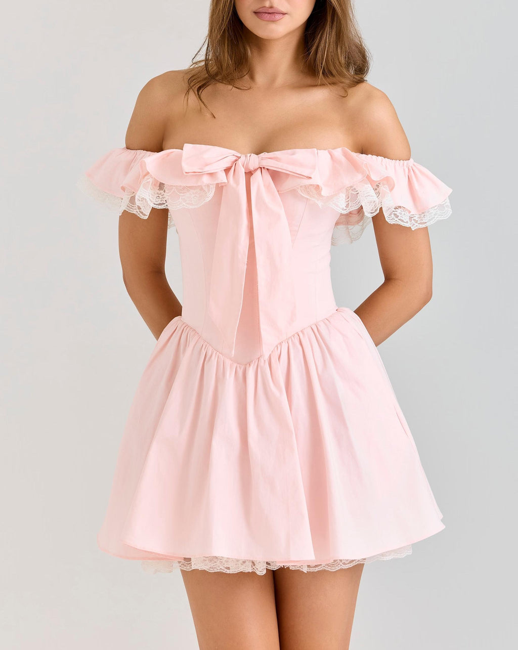 Women's Pink off Neck Lace Stitching Mini Dress