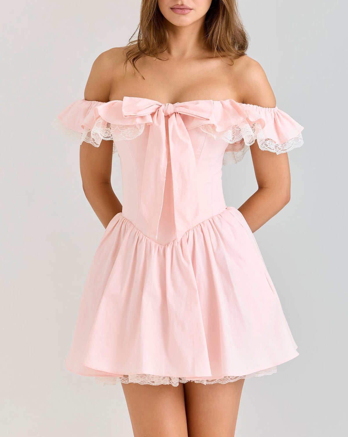 Women's Pink off Neck Lace Stitching Mini Dress