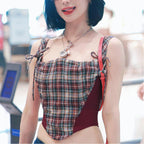 Women's Retro Sweet Spicy Color Matching Plaid Irregular Asymmetric Spaghetti Strap Niche Design Off Neck Waist Trimming Short Vest Top