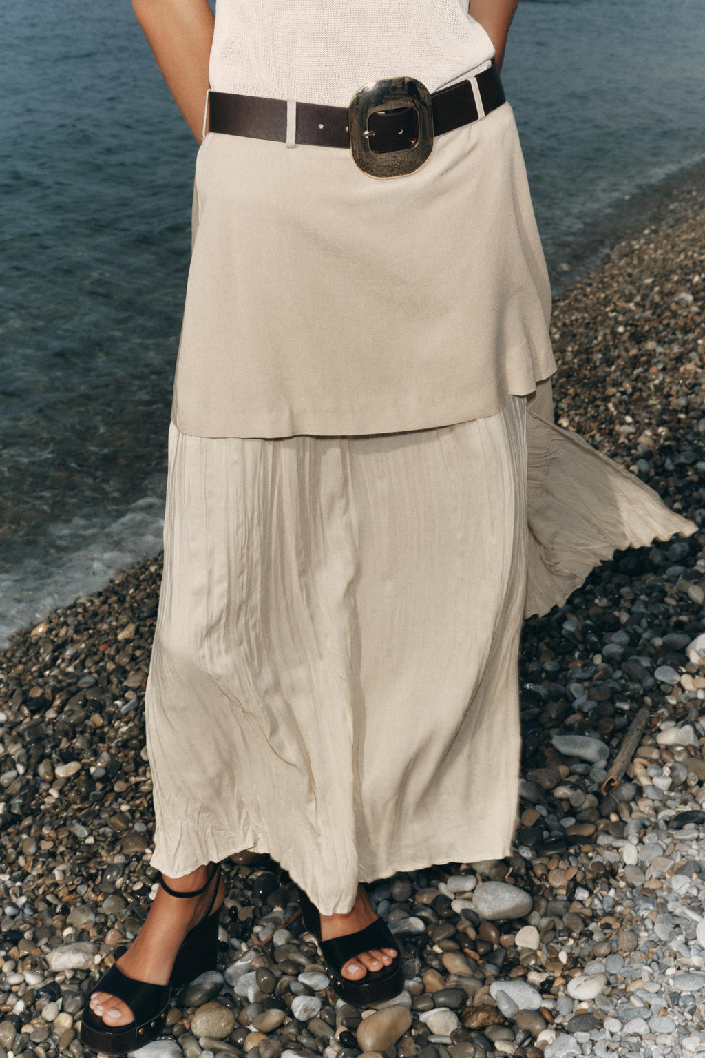 Summer Belt Stitching Midi Skirt