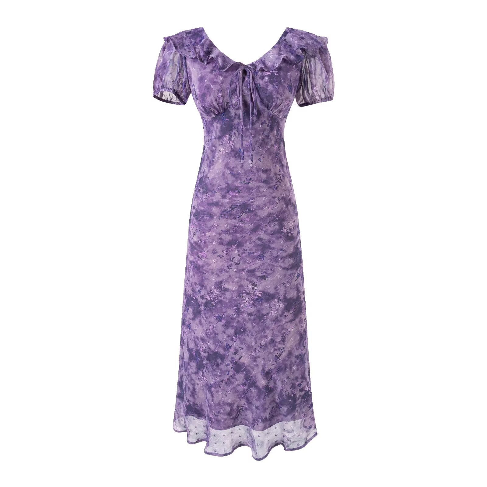 Women's Ruffle Collar Puff Sleeve Short Sleeve Neckline Lace Up Purple Dress Summer Waist Slimming Maxi Dress Women