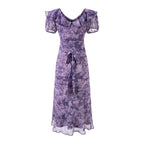 Women's Ruffle Collar Puff Sleeve Short Sleeve Neckline Lace Up Purple Dress Summer Waist Slimming Maxi Dress Women