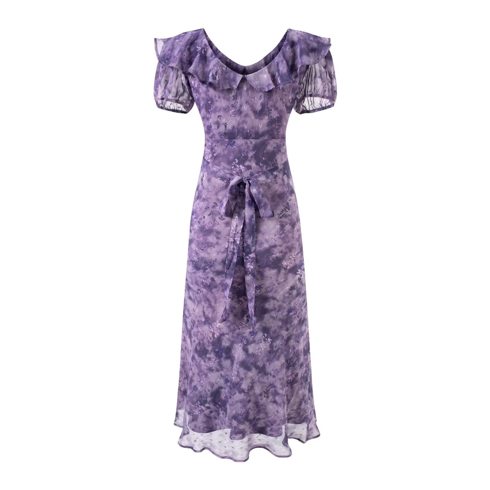 Women's Ruffle Collar Puff Sleeve Short Sleeve Neckline Lace Up Purple Dress Summer Waist Slimming Maxi Dress Women