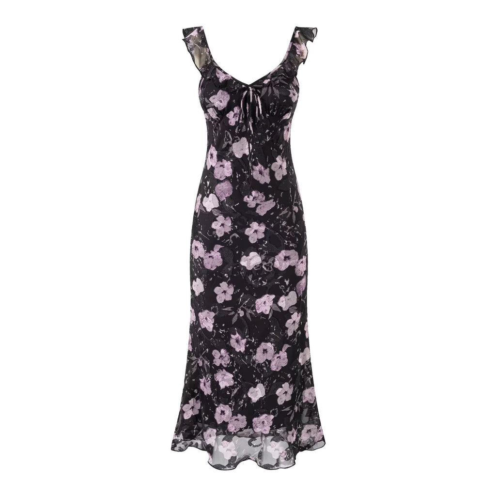 Women's Vacation Ruffled V Neck Lace Up Printed Fishtail Suspender Skirt Waisted Slim Fit Package Hip Maxi Dress