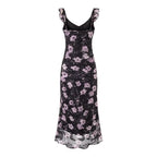 Women's Vacation Ruffled V Neck Lace Up Printed Fishtail Suspender Skirt Waisted Slim Fit Package Hip Maxi Dress