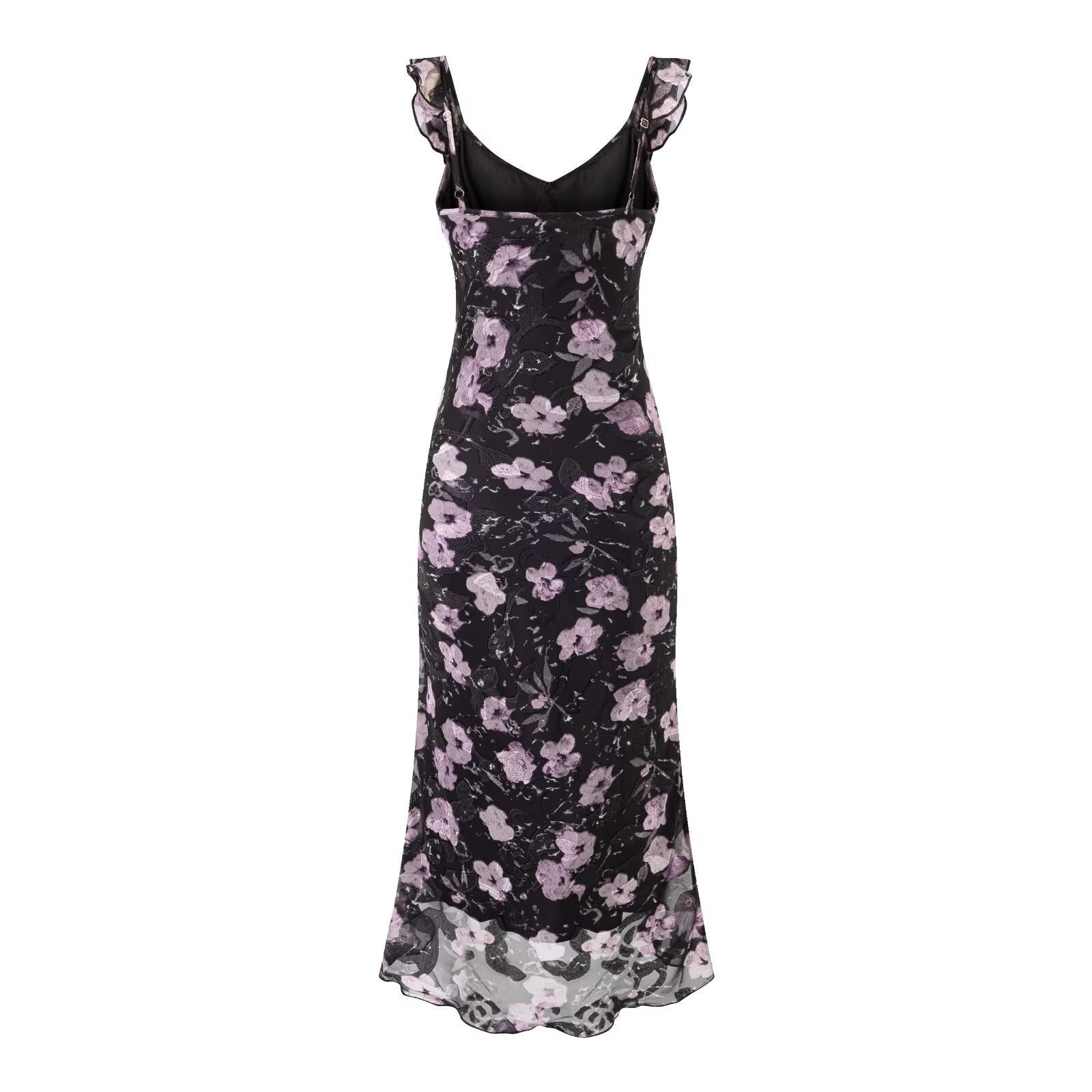 Women's Vacation Ruffled V Neck Lace Up Printed Fishtail Suspender Skirt Waisted Slim Fit Package Hip Maxi Dress