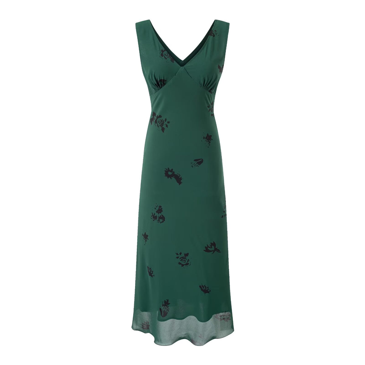 Retro Texture Vacation Casual Green Background Printed V-Neck Dress