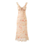 Summer Ruffled V neck Front Strap Printing Slim Fit Sheath Dress