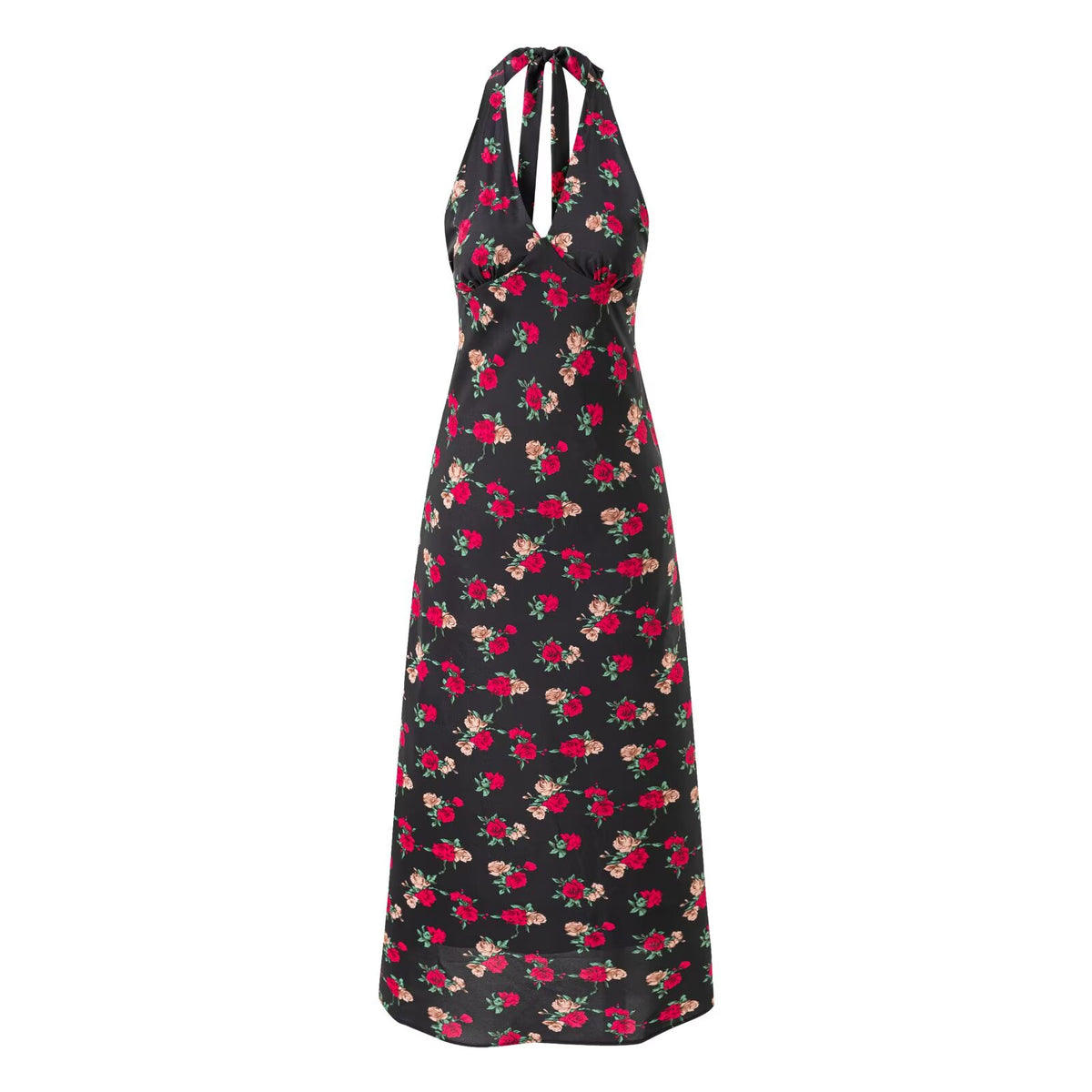 Vacation Casual Strap Halter Black Background Print Maxi Dress