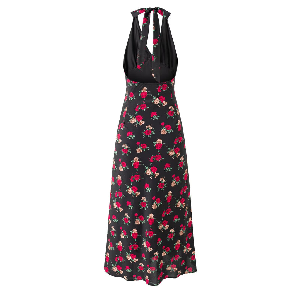 Vacation Casual Strap Halter Black Background Print Maxi Dress
