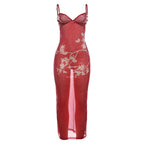 Front view: red sequin maxi slip dress with V-neck, thin straps, white reindeer pattern