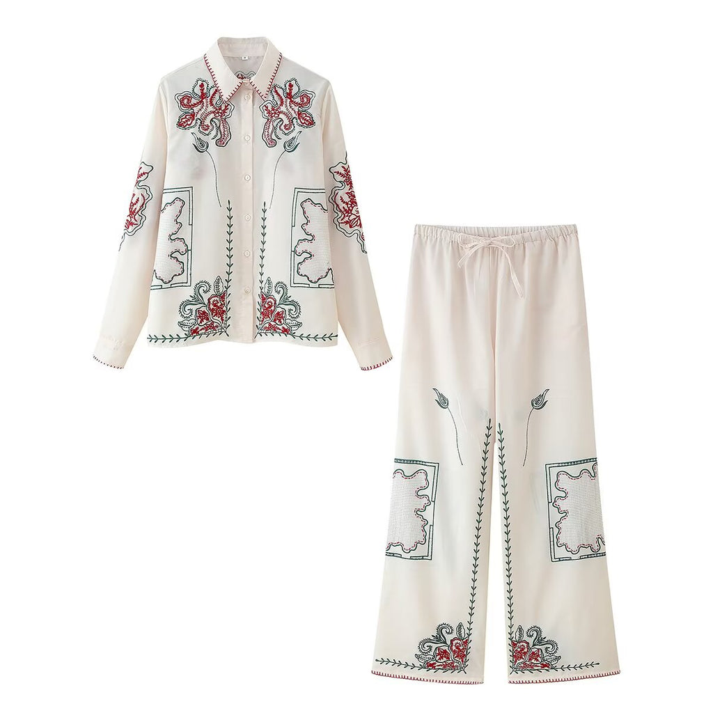 Autumn Casual Embroidered Shirt Top Pants Set