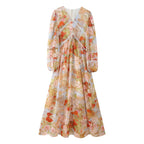 Women's Printed Lace-Trim V-Neck Long-Sleeve Maxi Dress