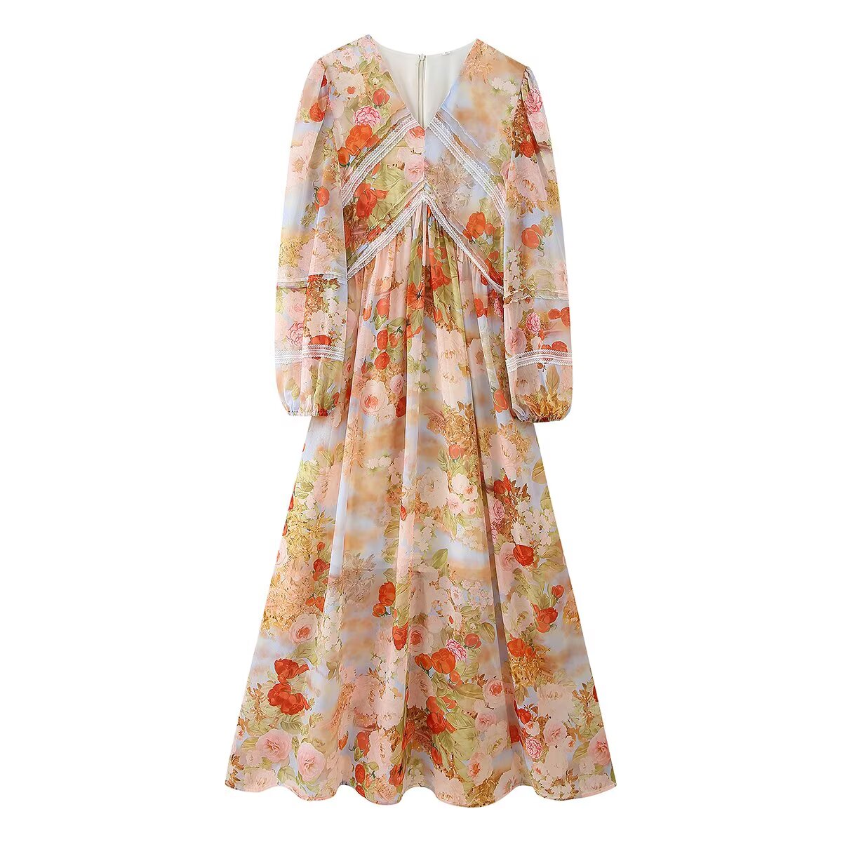 Women's Printed Lace-Trim V-Neck Long-Sleeve Maxi Dress