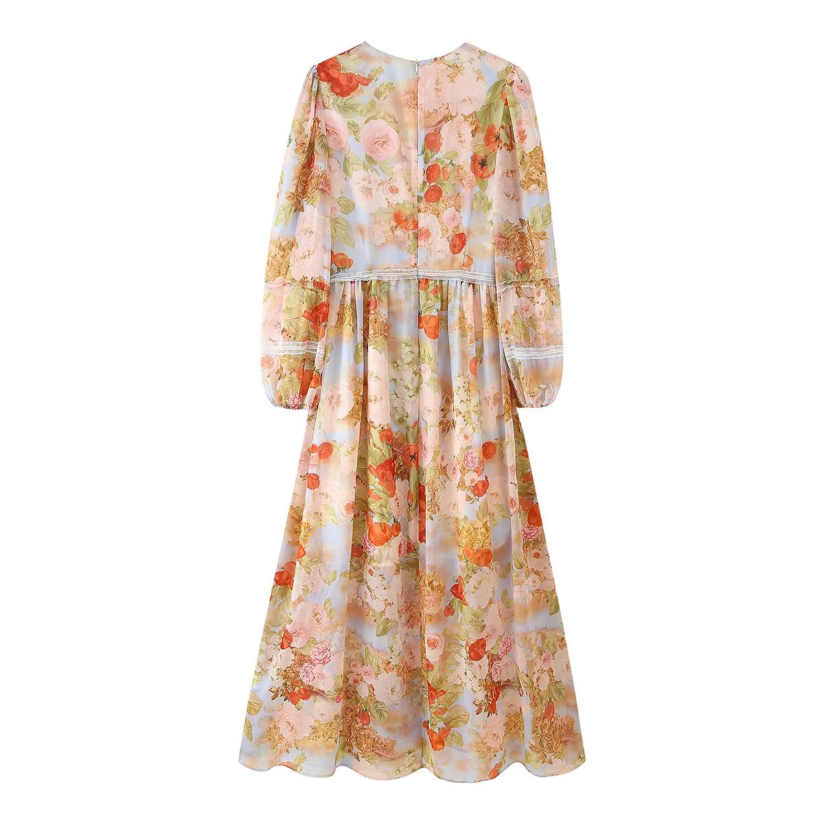 Women's Printed Lace-Trim V-Neck Long-Sleeve Maxi Dress