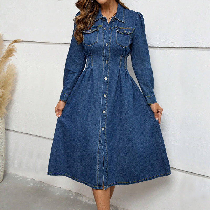 Collared Long-Sleeve Cinched-Waist Denim Midi Dress