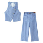 Women's Linen Double Breasted Vest Wide Leg Pants Sets