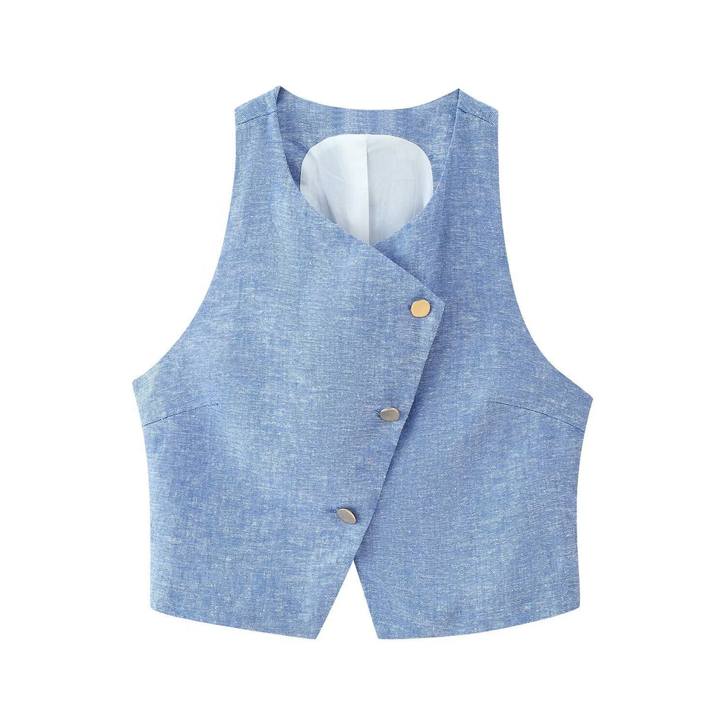 Women's Linen Double Breasted Vest Wide Leg Pants Sets