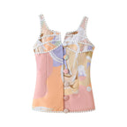 Women's Lace Stitching Decorated Row Button Vest Top Printing Straight Leg Pants Set