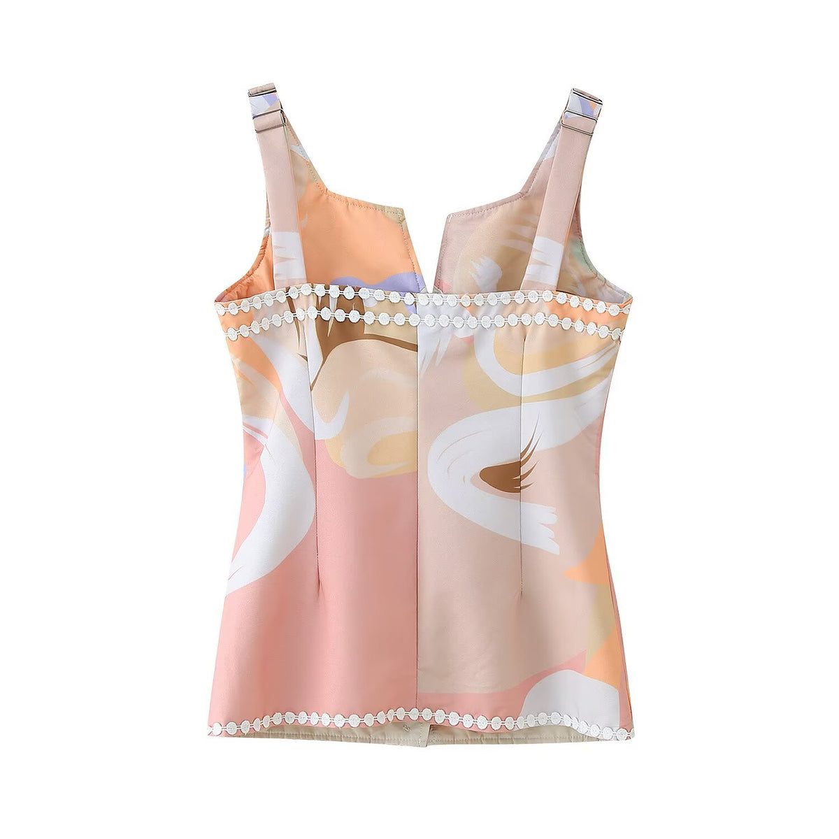 Women's Lace Stitching Decorated Row Button Vest Top Printing Straight Leg Pants Set