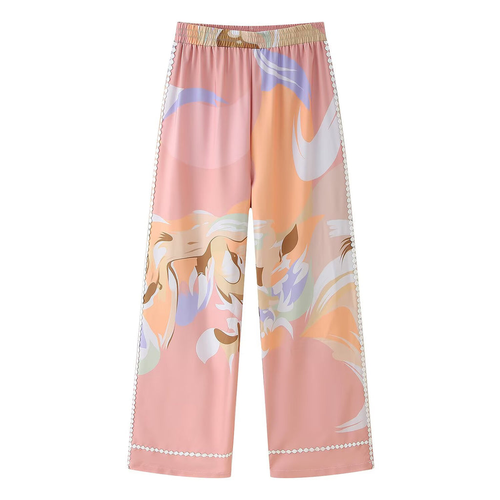 Women's Lace Stitching Decorated Row Button Vest Top Printing Straight Leg Pants Set