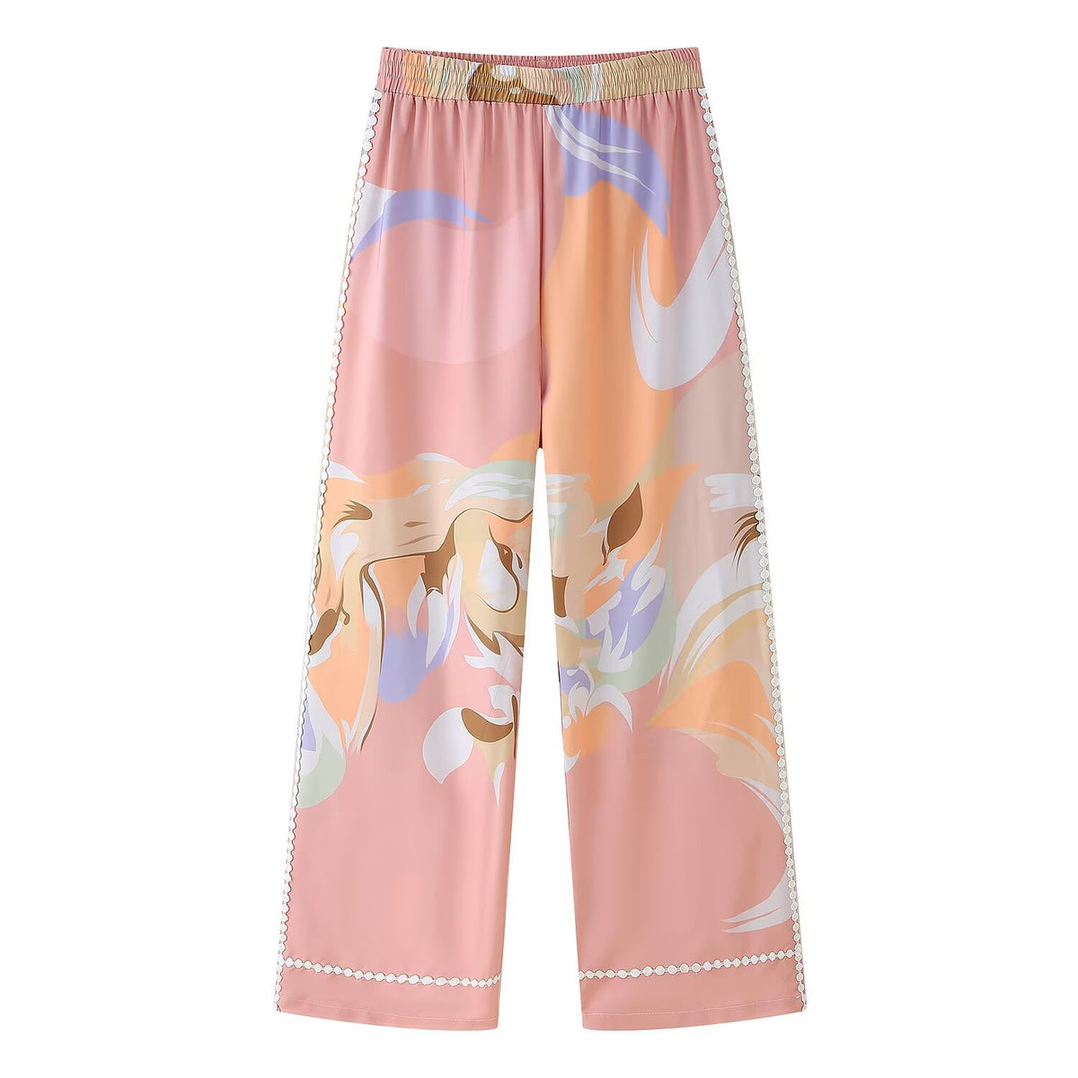 Women's Lace Stitching Decorated Row Button Vest Top Printing Straight Leg Pants Set