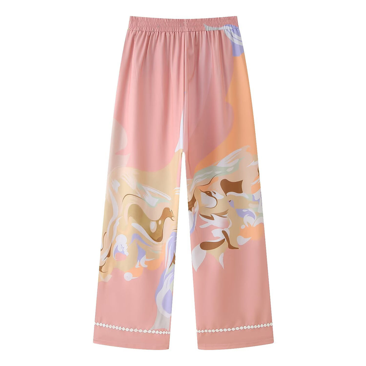 Women's Lace Stitching Decorated Row Button Vest Top Printing Straight Leg Pants Set