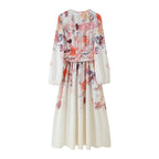 Women's French Vintage Floral Print Long Sleeve Series Belt Dress