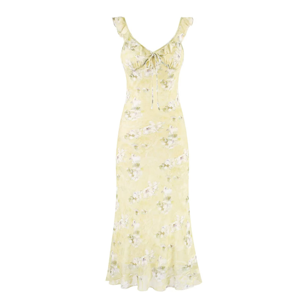 Women's Ruffled V-Neck Floral Midi Dress