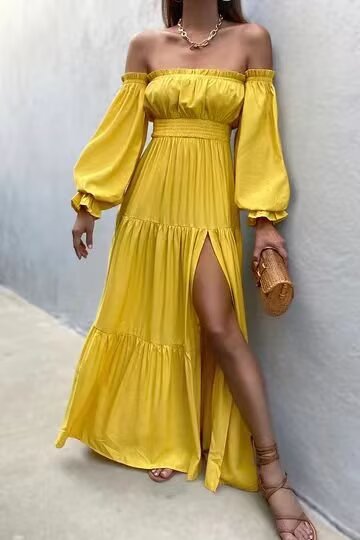 Women's Boat-Neck Pleated Waist-Fitted Maxi Dress