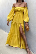 Women's Boat-Neck Pleated Waist-Fitted Maxi Dress