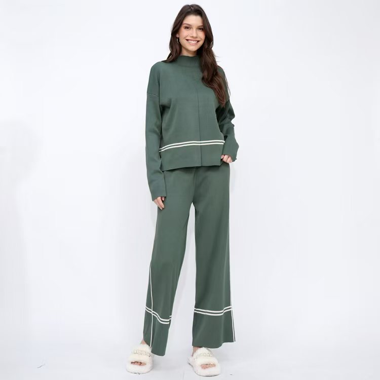 Winter Loose Knitted Long-Sleeve Round-Neck Sweater And Pants Two-Piece Set