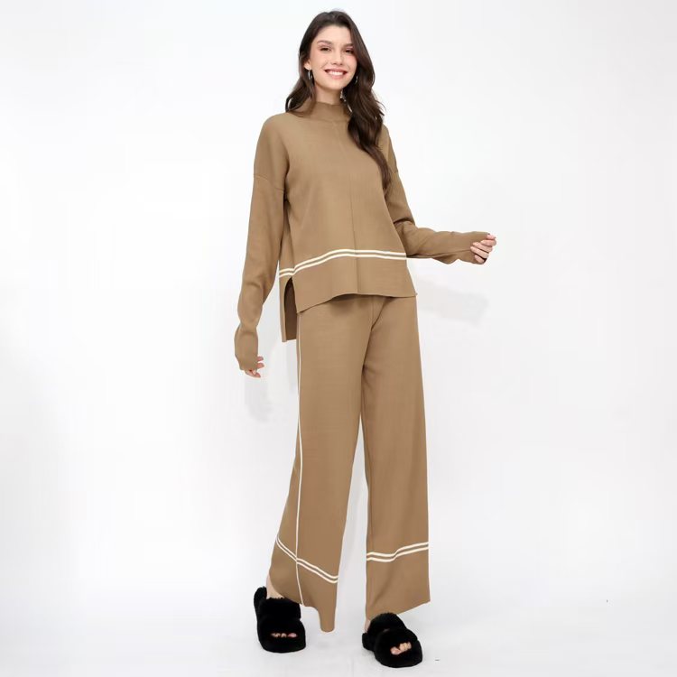 Winter Loose Knitted Long-Sleeve Round-Neck Sweater And Pants Two-Piece Set