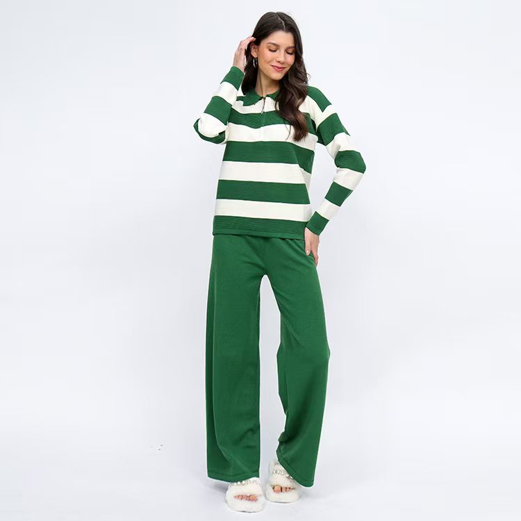 Winter Loose Knitted Long-Sleeve Striped V-Neck Knit Set
